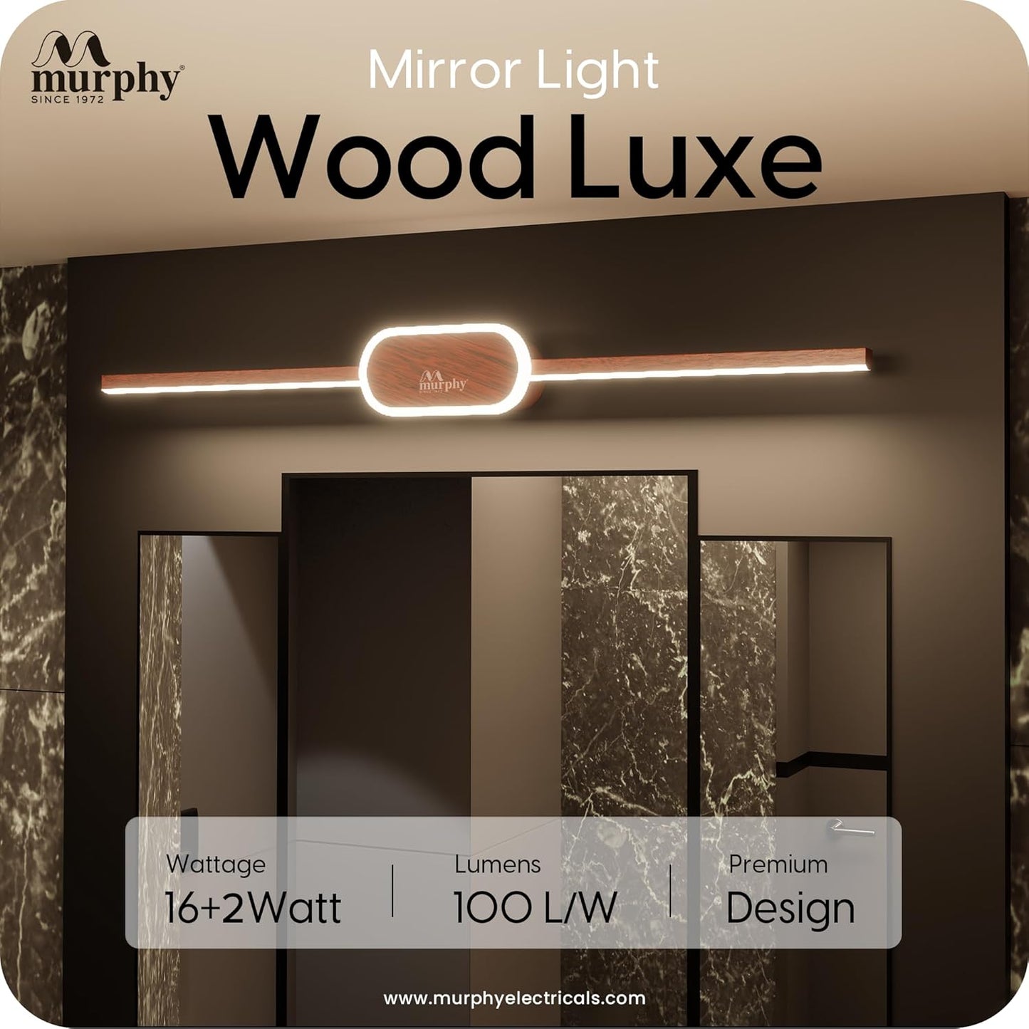 Murphy 16W+2W LED Mirror Light | 3 Color Changing (White/Warm/Natural) | Wooden Finish, Modern Over Mirror Bathroom/Dressing Table Light | Pack of 1 | 2-Year Warranty