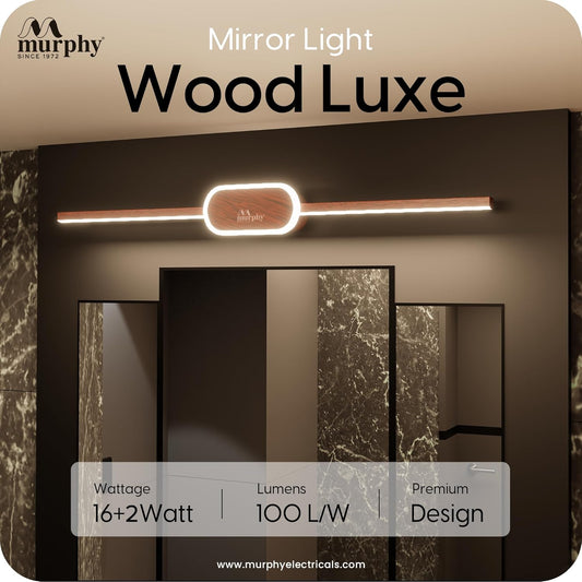 Murphy 16W+2W LED Mirror Light | 3 Color Changing (White/Warm/Natural) | Wooden Finish, Modern Over Mirror Bathroom/Dressing Table Light | Pack of 1 | 2-Year Warranty