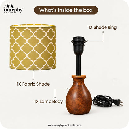 Murphy Moroccan Wooden Pot Table Lamp with 3-in-1 LED Bulb | Printed Fabric Shade | Bedroom & Living Room