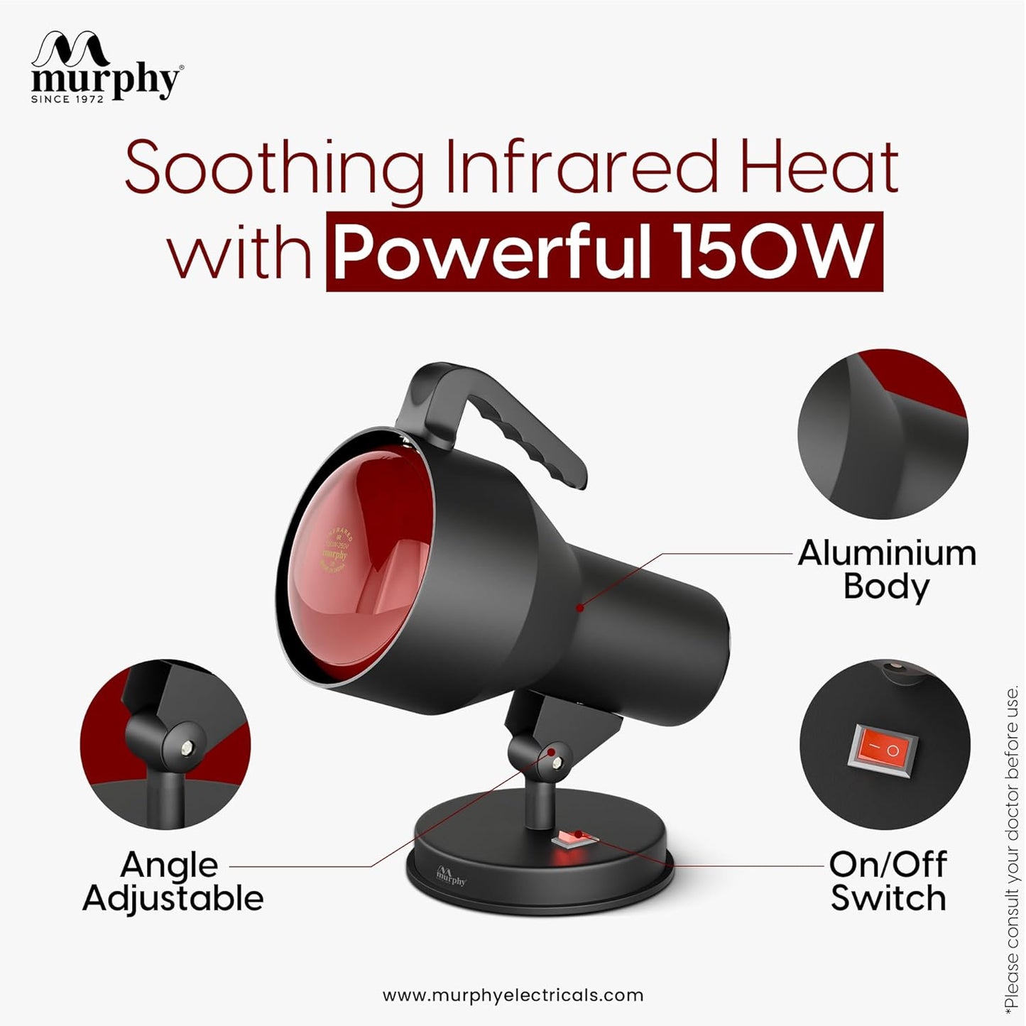 Murphy 150W Infrared Heat Therapy Lamp | Pain Relief | Deep Heat Therapy Light | Home & Clinic Use