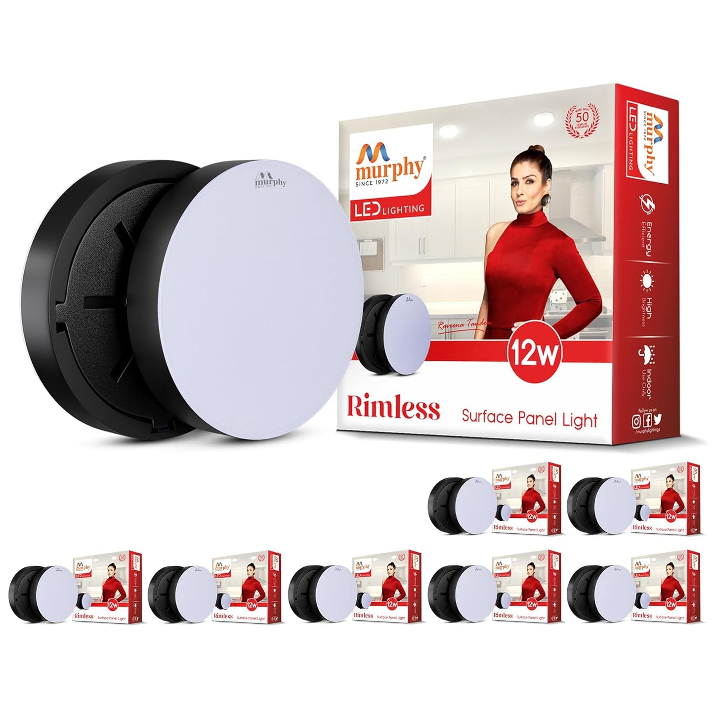 Murphy Rimless Surface LED Light 12W (Cool White, 6000K) – Black Shockproof PC Body, 100lm/W, BIS Approved, 4kV Surge Protection, 2-Year Warranty