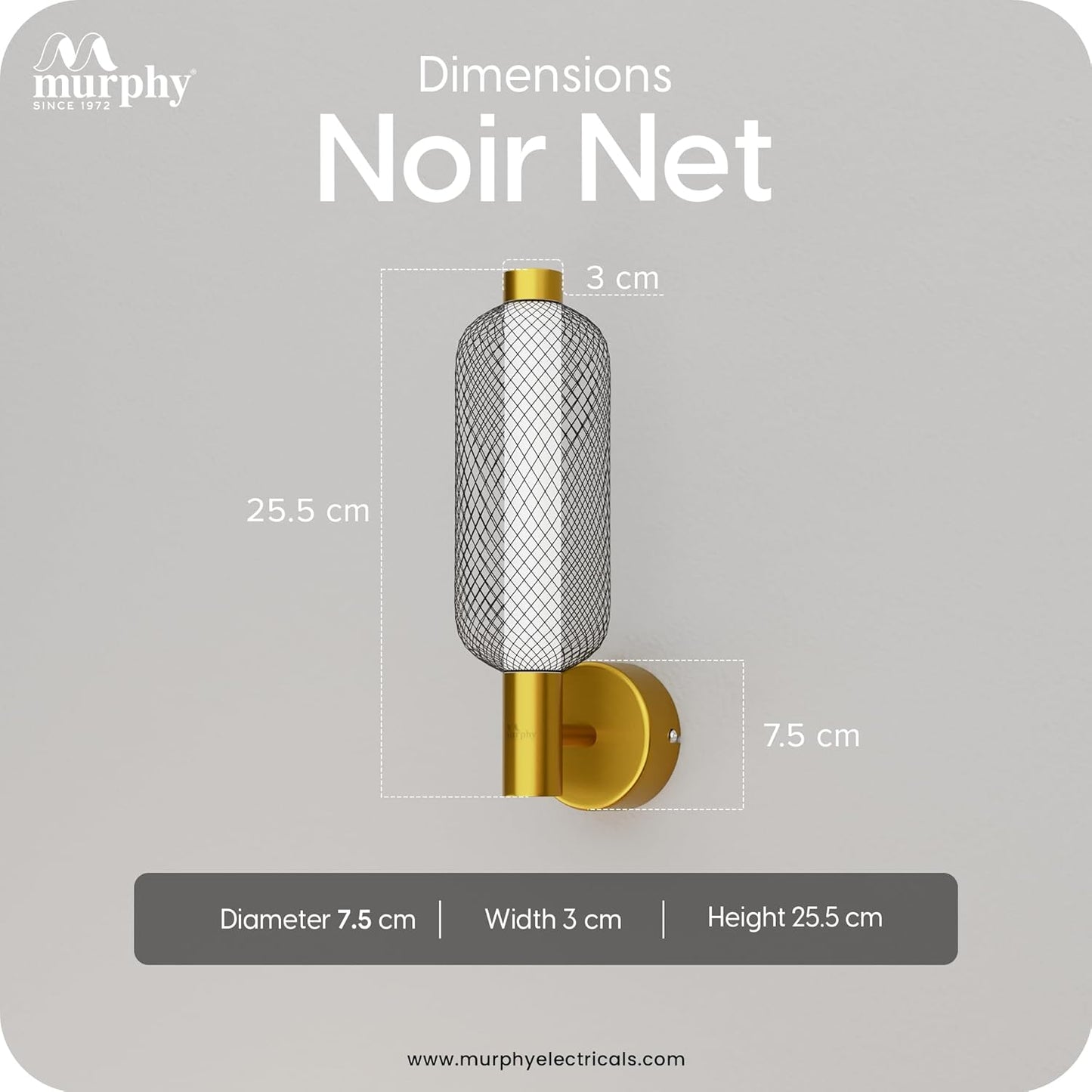 Murphy Noir Net Wall Lamp | 3-in-1 Color Changing LED (Cool White/Warm White/Natural White) with 2-Year Warranty | Premium Golden Finish Decorative Light