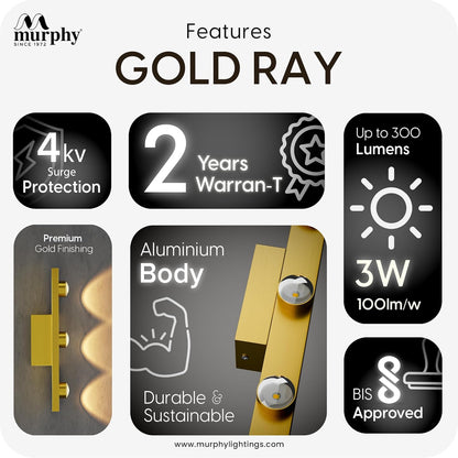 Murphy 3-Glow Goldray|LED Mirror/Vanity Light|- Luxurious Gold Finish|Warm White,