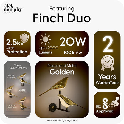 Murphy Golden Bird Twins Wall Light for Living Room, Bedroom, Cafe - Modern 3-in-1 Colo, Stone Finish Wall Sconce, Home & Office Decoration