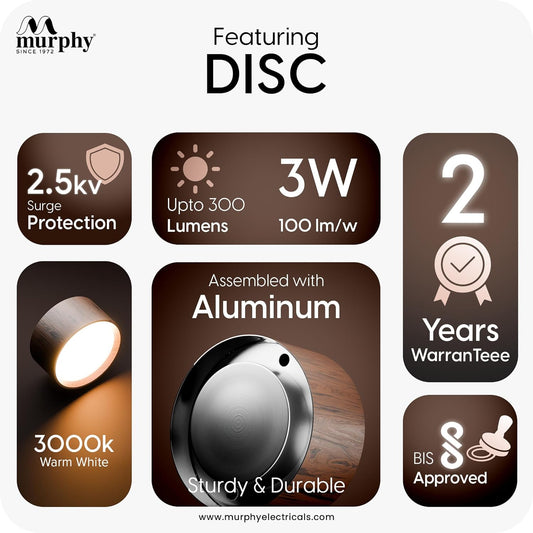 Murphy 3 Watts Wooden Led Surface Panel, Cabinet, Wardrobe Light, Edge Round Style Flush Mount Ceiling Lamp, Pack of 1 (Warm White,Aluminum) with 2 Year Warranty