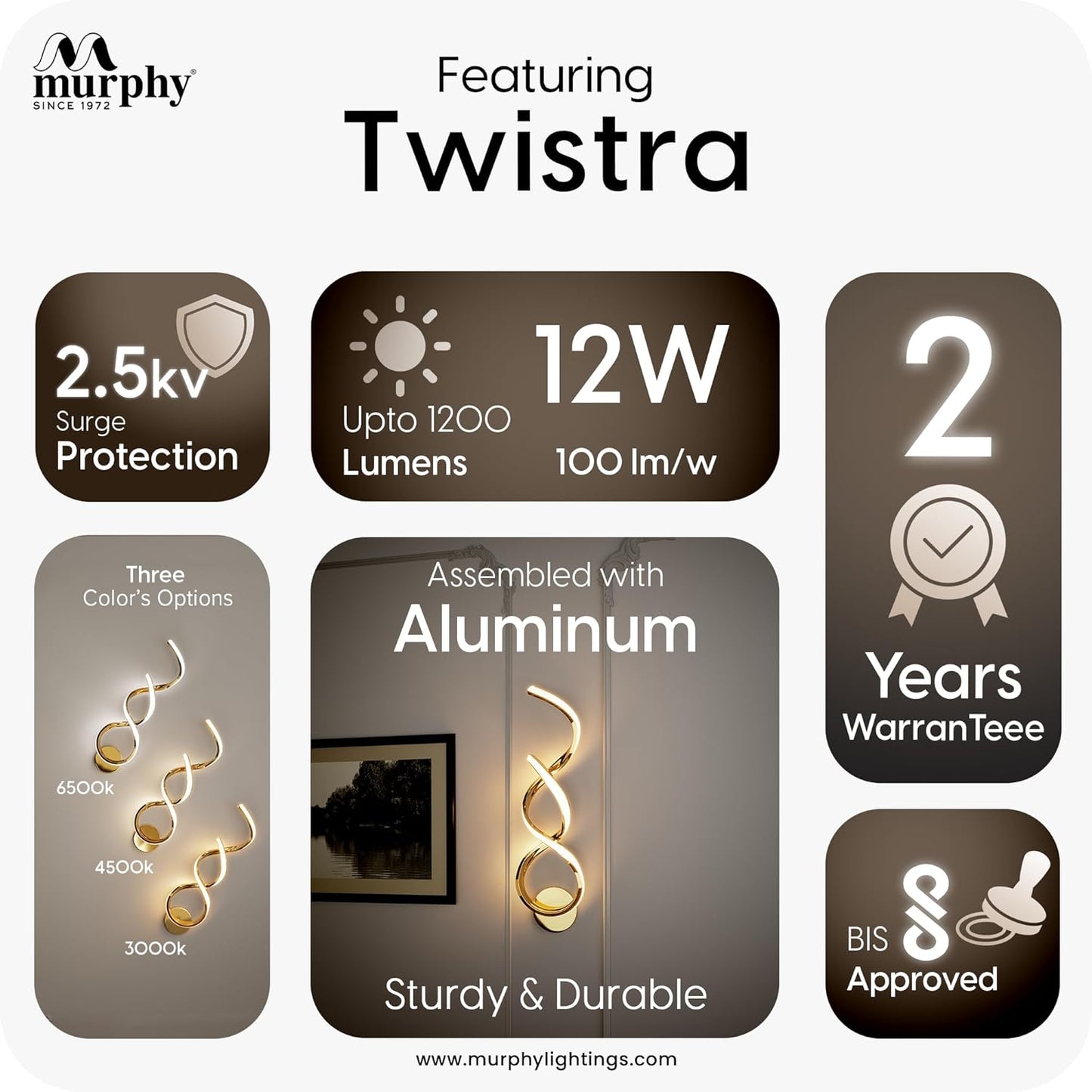 Murphy Twistra Elegant LED Wall Lamp for Home – 2 Years Warranty – Modern Aluminium Light with 3 Color Modes (French Gold)
