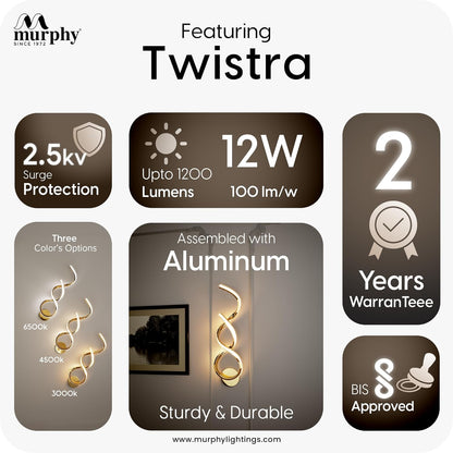 Murphy Twistra Elegant LED Wall Lamp for Home – 2 Years Warranty – Modern Aluminium Light with 3 Color Modes (French Gold)