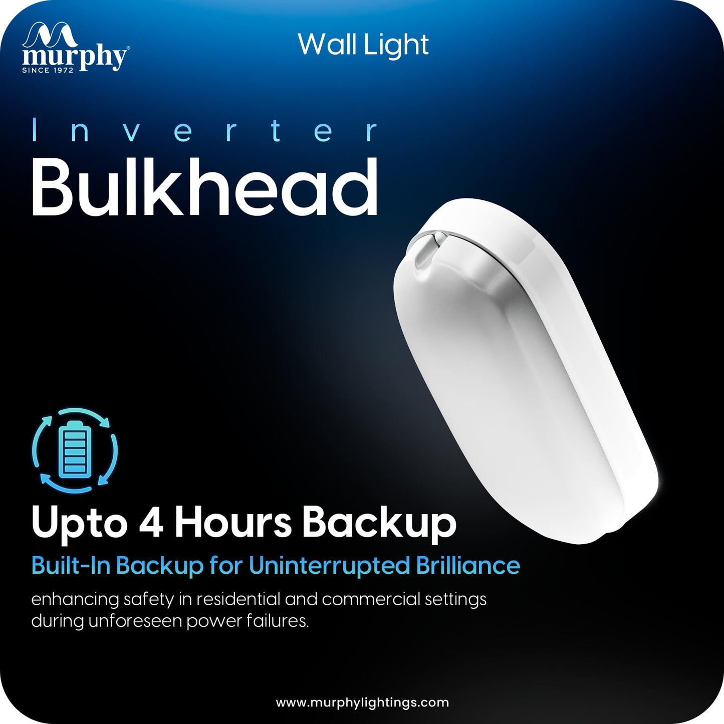 Murphy 10W Rechargeable LED Bulkhead Wall Lamp | 4-Hour Backup | IP66 Waterproof Oval Light for Outdoor, Garden, Balcony, Bathroom | Cool White | Wall Mount | 6-Month Warranty