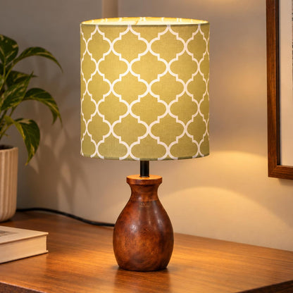 Murphy Moroccan Wooden Pot Table Lamp with 3-in-1 LED Bulb | Printed Fabric Shade | Bedroom & Living Room
