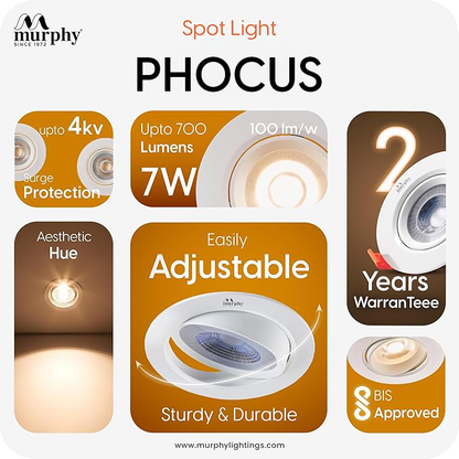 Murphy 7W PHOCUS LED Spot Round Panel Light Ceiling Downlight for Concealed & Junction Box