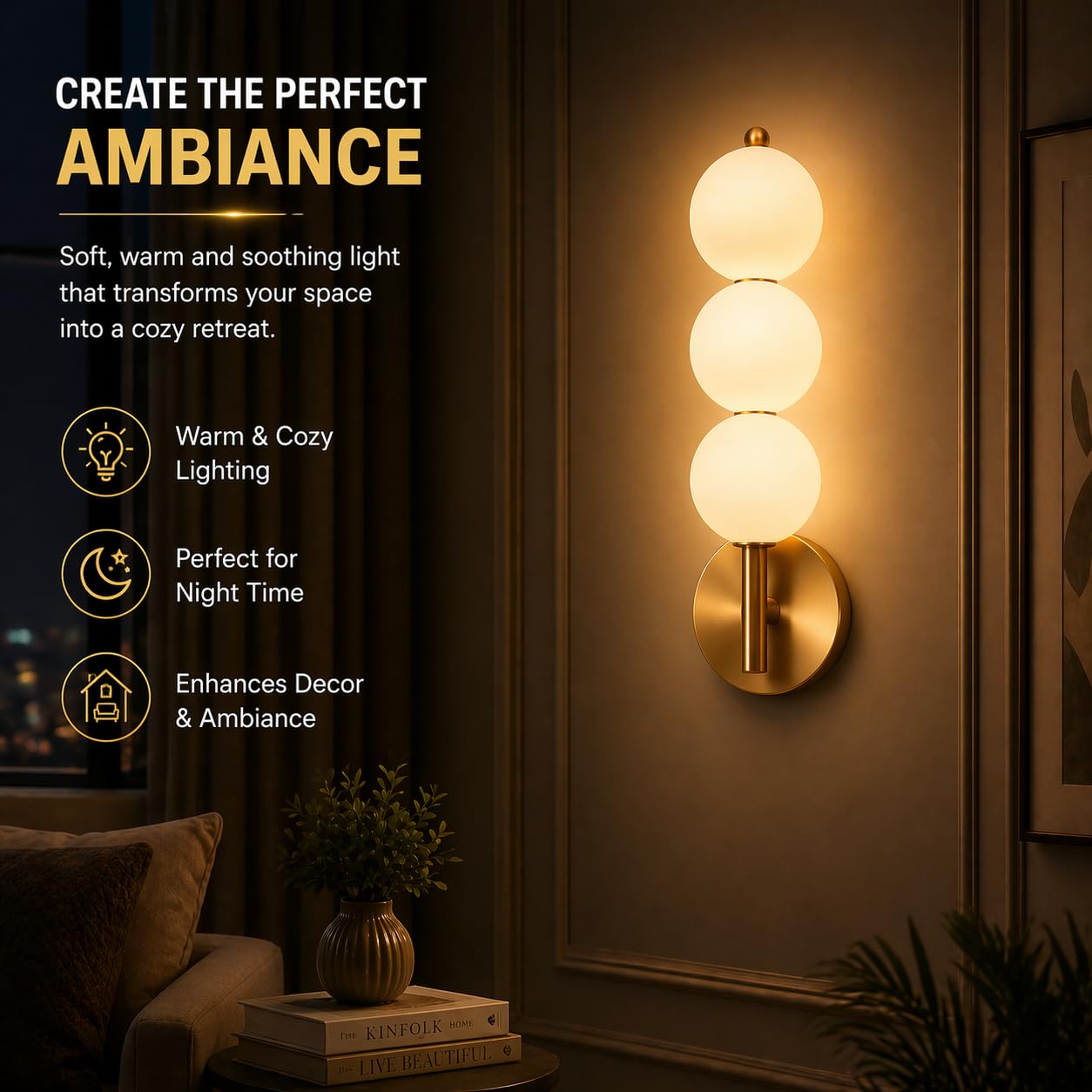 Murphy ORBIX 3 Ball LED Wall Lamp 12W, 3C (Warm/Cool/Natural White), Golden White, Metal & Acrylic, Modern Decorative Wall Light for Living Room & Bedroom, BIS Approved, 2 Year Warranty