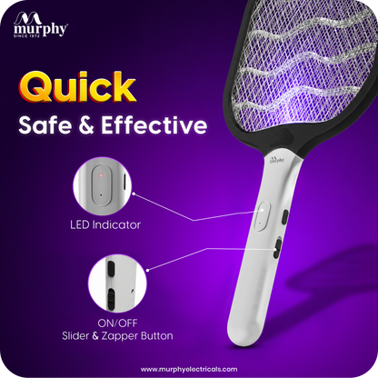 Murphy Smart UV Auto Kill Mosquito Racket with Stand | Type-C Fast Charging | 1200mAh Rechargeable Battery | Auto & Manual Mode | 3-Layer Safety Mesh | Instant Kill | 6 Months Warranty