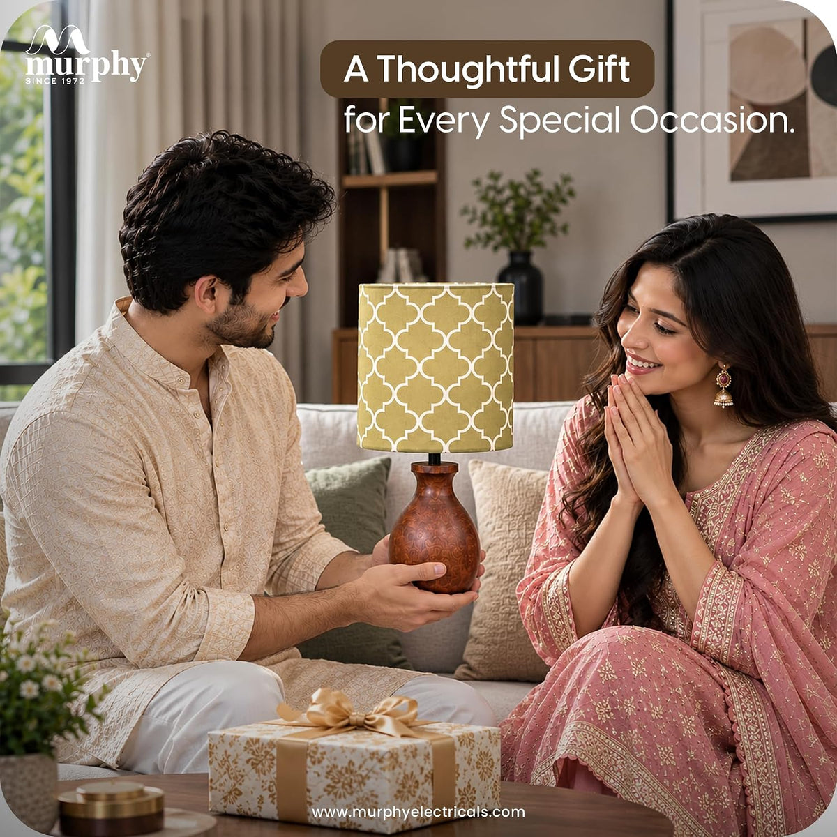 Murphy Moroccan Wooden Pot Table Lamp with 3-in-1 LED Bulb | Printed Fabric Shade | Bedroom & Living Room