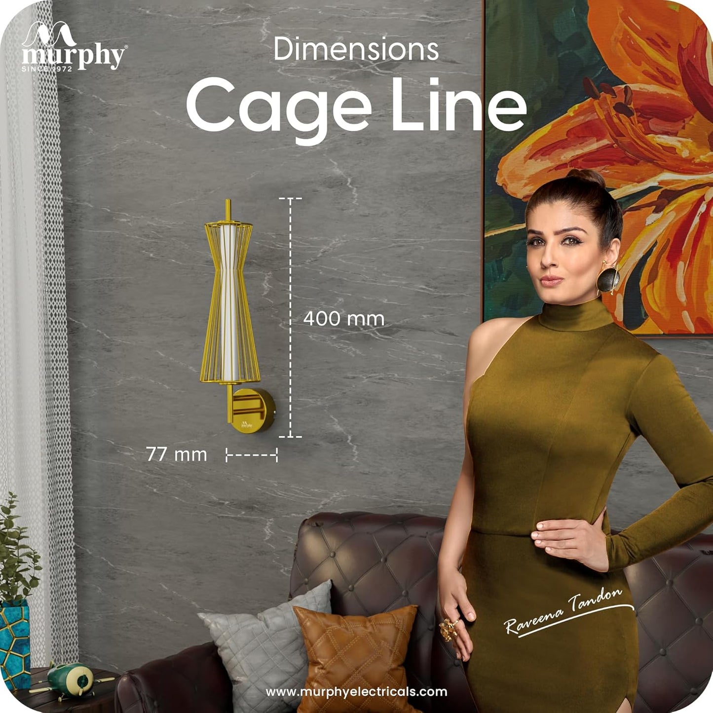 Murphy Cage Line 12W Wall Lamp | 3-in-1 Color Changing LED (Cool White/Warm White/Natural White) with 2-Year Warranty | Premium Golden Finish Decorative Light