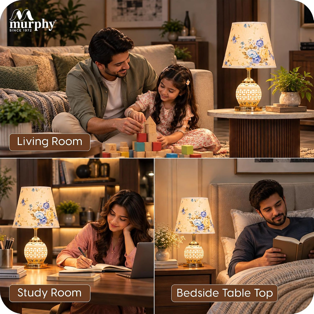 Murphy Flora 3-in-1 LED Table Lamp with Floral Fabric Shade | Decorative Ceramic Body | Elegant Gold Finish | B27 Bulb Included | 1 Year Warranty