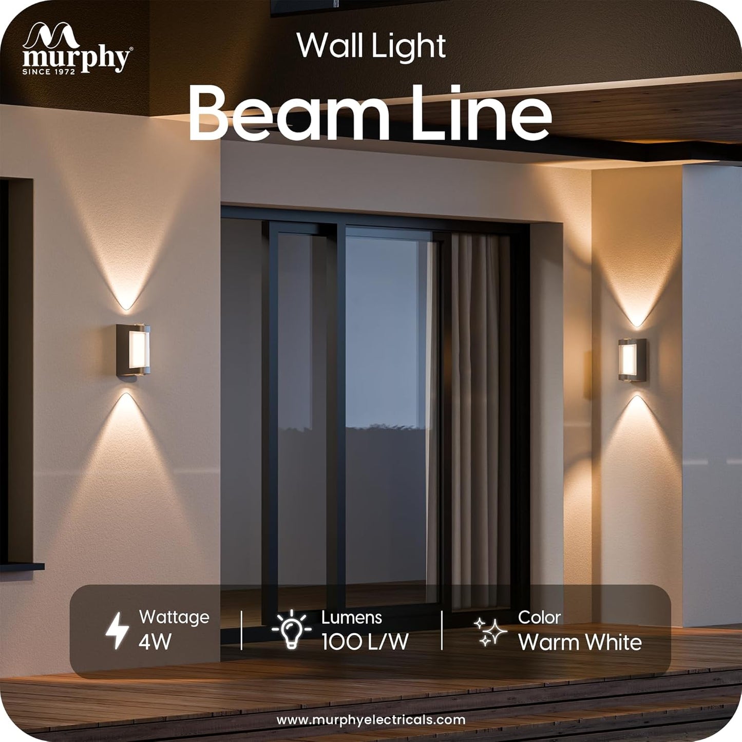 Murphy Beam Line 4W LED Outdoor/Indoor Wall Light | IP66 Waterproof | 2-Year Warranty | Up & Down Glow | Warm White | Shockproof Aluminium Body | Matt Black Finish |