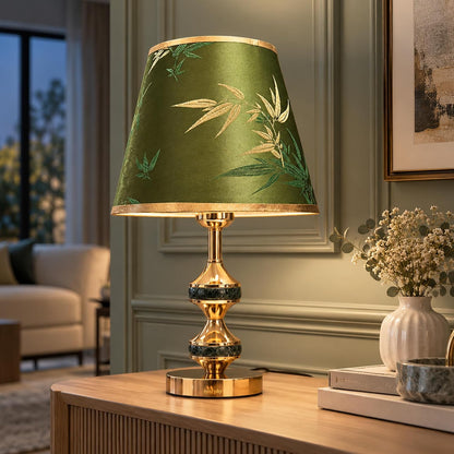 Murphy Monarch Mint 3-in-1 LED Table Lamp with Green Botanical Fabric Shade & Gold Finish | E27 Bulb Included | 1 Year Warranty