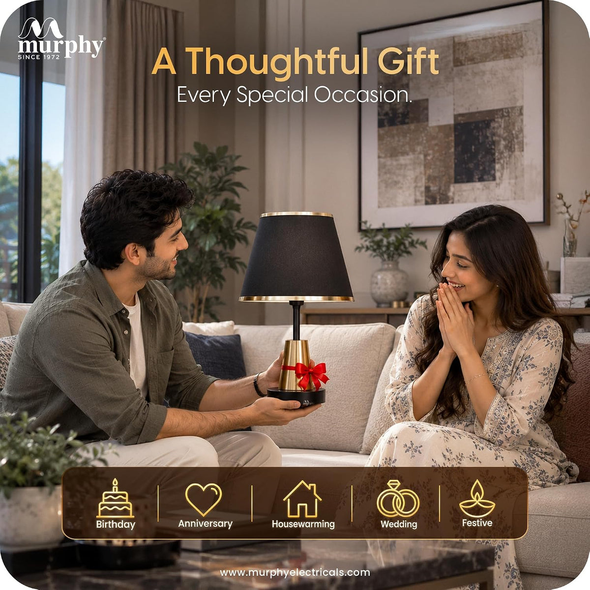 Murphy Conic Gold 3-in-1 LED Table Lamp with Premium Black Fabric Shade | Elegant Gold Finish | E27 Bulb Included | 1 Year Warranty