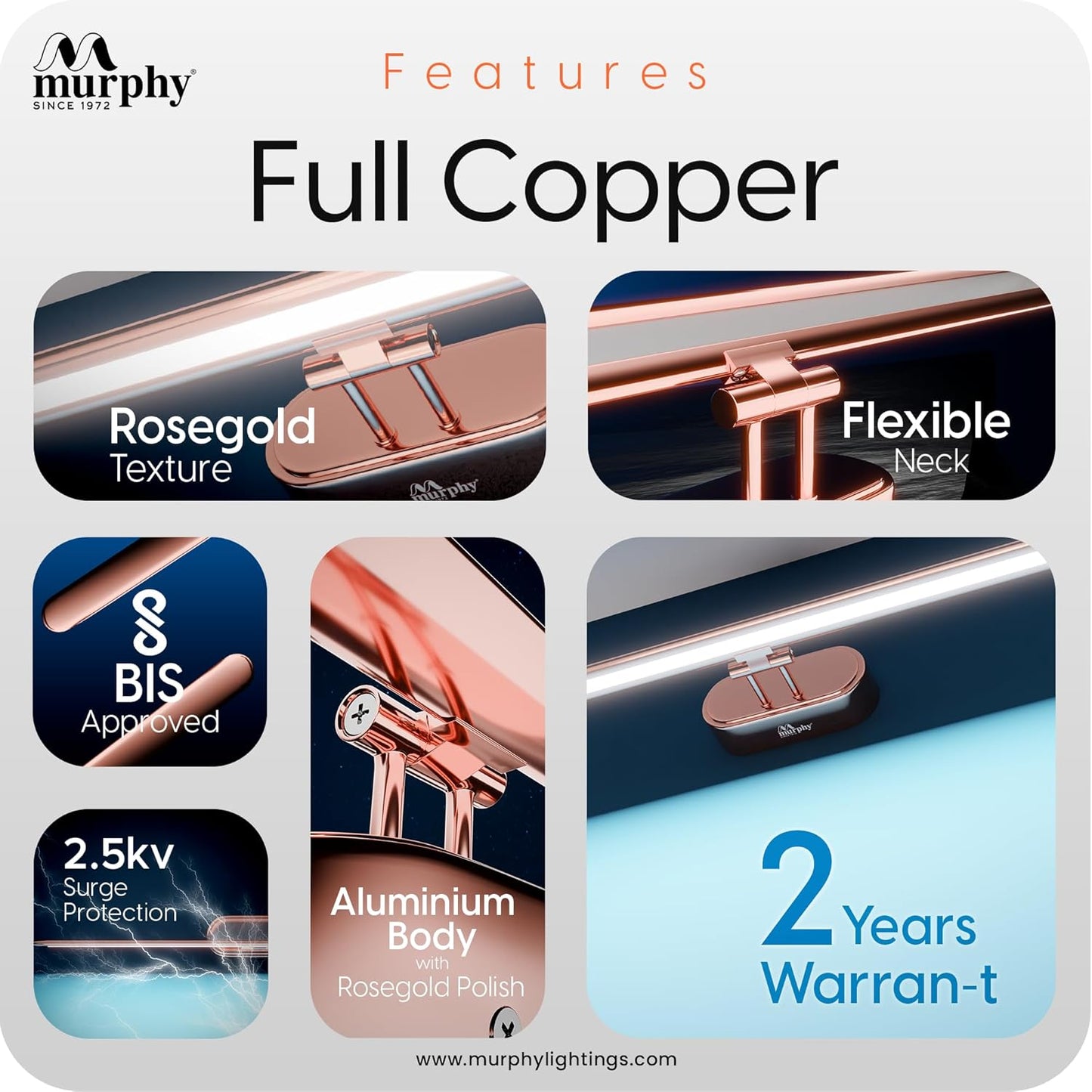 Murphy 6W 3-in-1 Color Changing Full Copper Finish LED Mirror Picture Wall Light,Bathroom Vanity Led Mirror Light (Cool White/Warm White/Natural White)