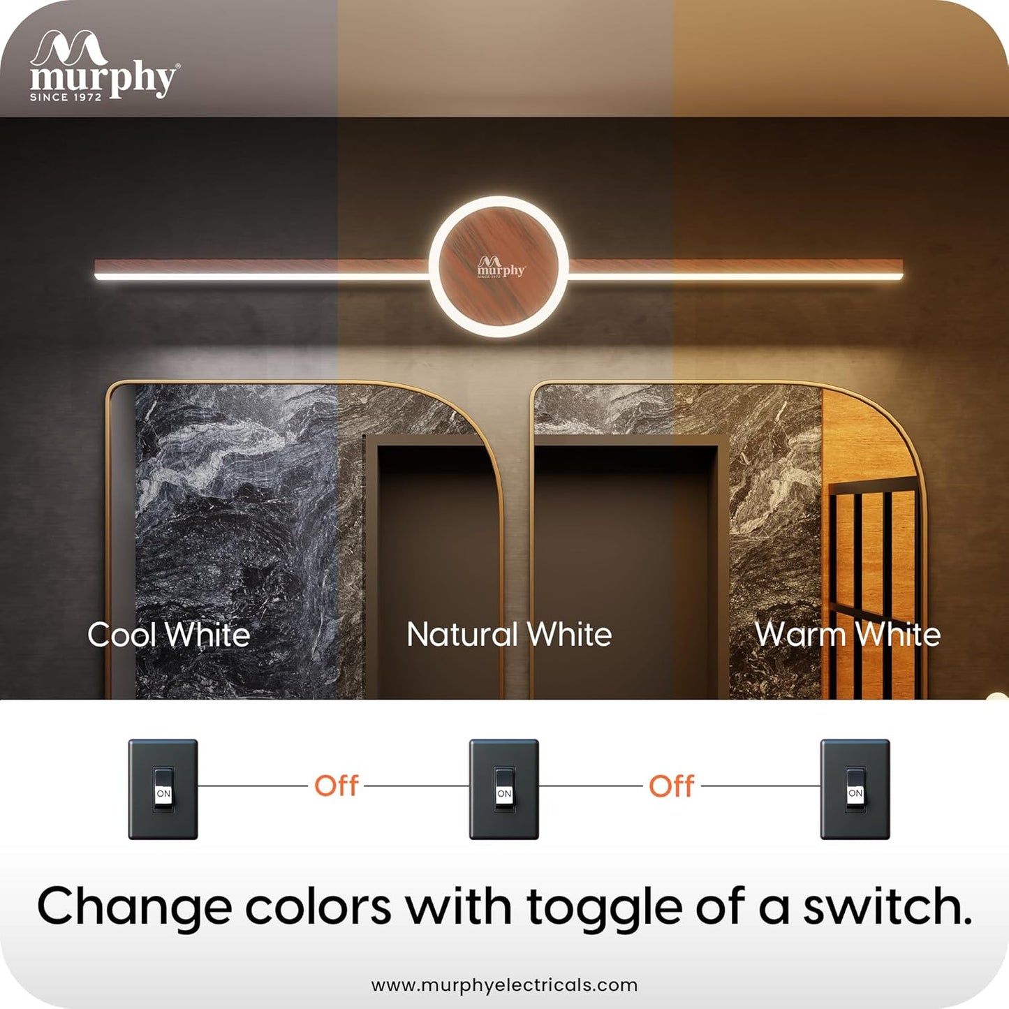 Murphy 16W+2W LED Mirror Light | 3 Color Changing (White/Warm/Natural) | Wooden Finish – Sun Design, Modern Over Mirror Bathroom/Dressing Table Light