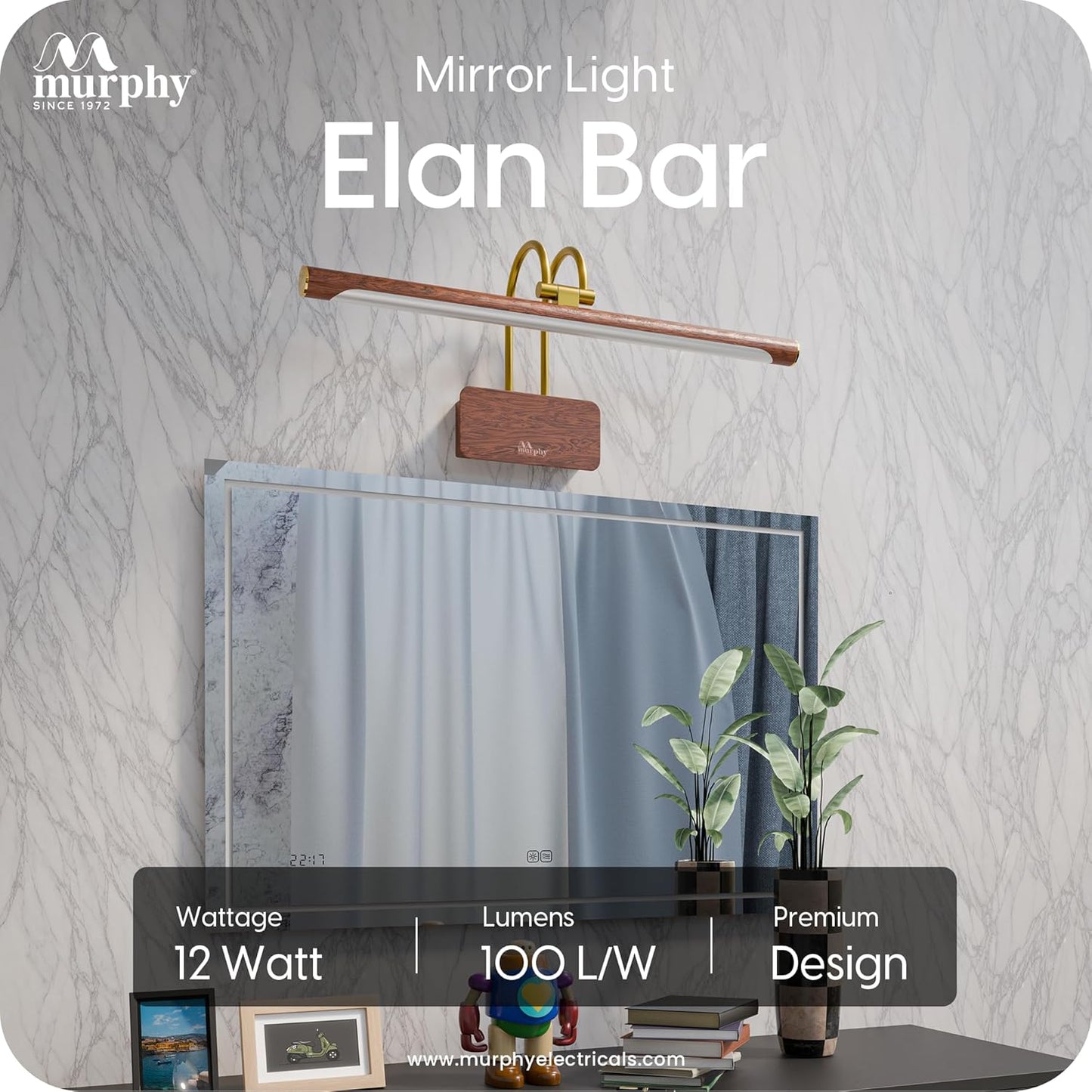 Murphy ElanBar 12W LED Mirror Light | 3-in-1 Color Changing | Adjustable 3-Step Baring | Wood Finish | Wall Mounted Vanity Light for Bathroom & Dressing Table