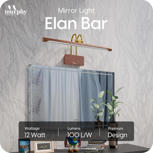 Murphy ElanBar 12W LED Mirror Light | 3-in-1 Color Changing | Adjustable 3-Step Baring | Wood Finish | Wall Mounted Vanity Light for Bathroom & Dressing Table
