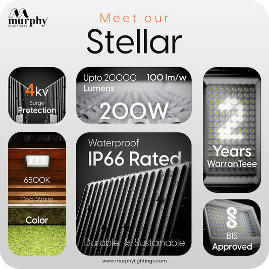 Murphy Stellar 200W LED Flood Light with Auto Day-Night Sensor | Ultra-Bright 6500K Cool White | IP66 Waterproof & Surge Protected | High Lumen Outdoor Security Light for Factory