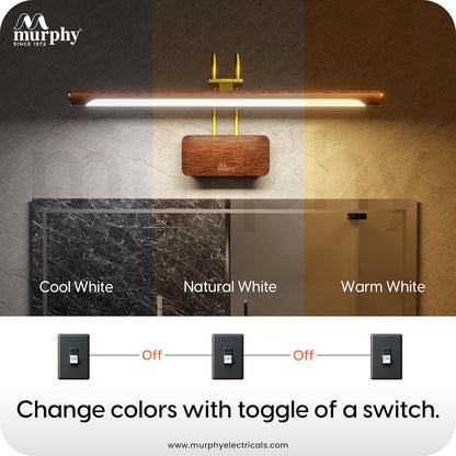 Murphy ElanBar 12W LED Mirror Light | 3-in-1 Color Changing | Adjustable 3-Step Baring | Wood Finish | Wall Mounted Vanity Light for Bathroom & Dressing Table