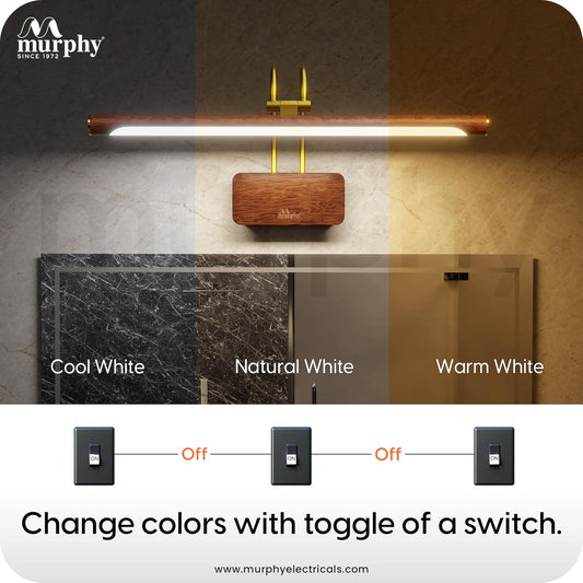 Murphy ElanBar 12W LED Mirror Light | 3-in-1 Color Changing | Adjustable 3-Step Baring | Wood Finish | Wall Mounted Vanity Light for Bathroom & Dressing Table
