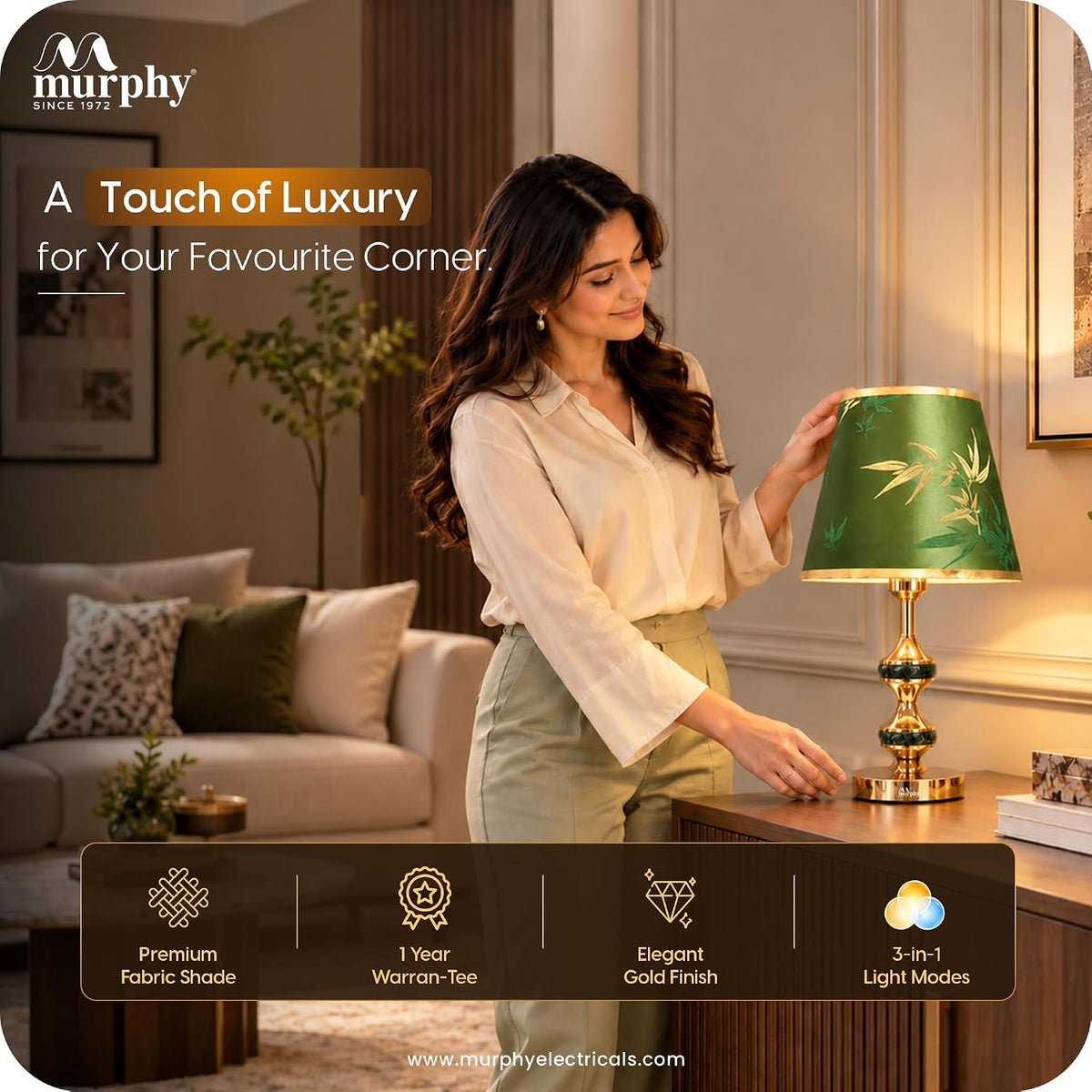 Murphy Monarch Mint 3-in-1 LED Table Lamp with Green Botanical Fabric Shade & Gold Finish | E27 Bulb Included | 1 Year Warranty