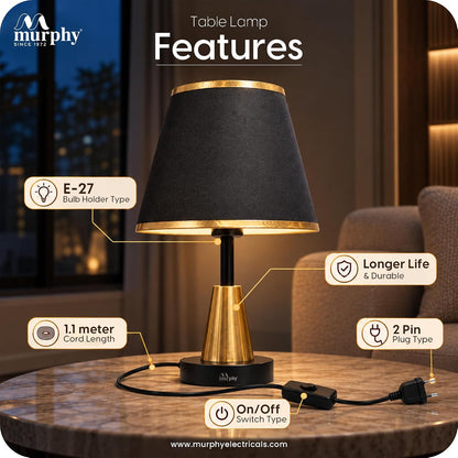 Murphy Conic Gold 3-in-1 LED Table Lamp with Premium Black Fabric Shade | Elegant Gold Finish | E27 Bulb Included | 1 Year Warranty