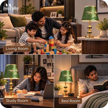 Murphy Monarch Mint 3-in-1 LED Table Lamp with Green Botanical Fabric Shade & Gold Finish | E27 Bulb Included | 1 Year Warranty