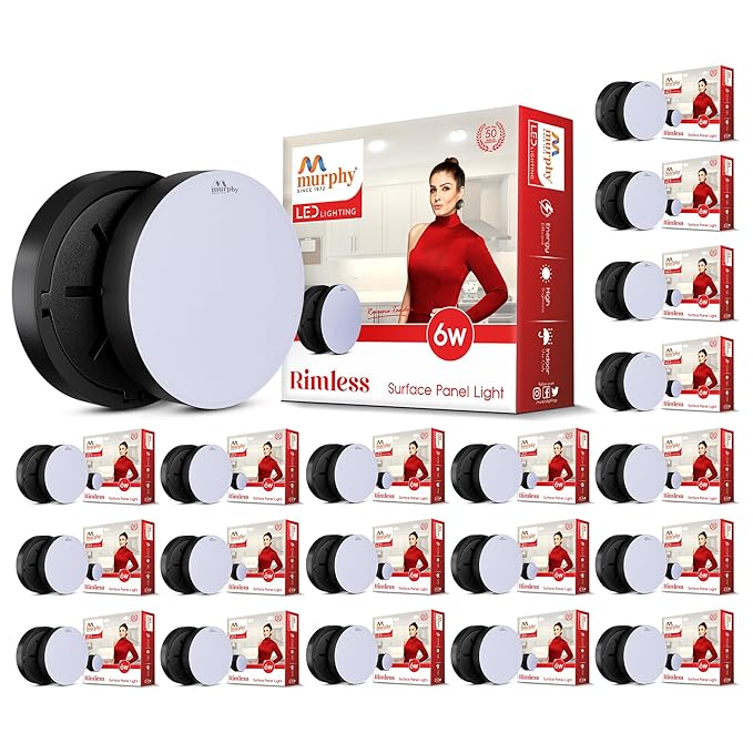 Murphy Rimless Surface LED Light 6W (Cool White, 6000K) – Black Shockproof PC Body, 100lm/W, BIS Approved, 4kV Surge Protection, 2-Year Warranty