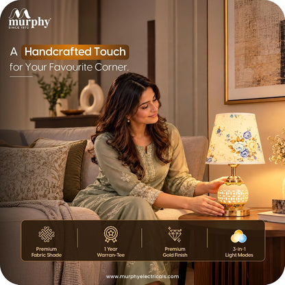 Murphy Flora 3-in-1 LED Table Lamp with Floral Fabric Shade | Decorative Ceramic Body | Elegant Gold Finish | B27 Bulb Included | 1 Year Warranty