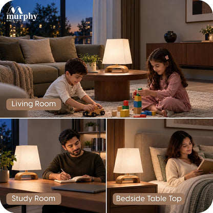 Murphy Jute Pyramid Table Lamp with Mango Wood Base & 3-in-1 LED Bulb | Cream Fabric Shade | Bedroom & Living Room