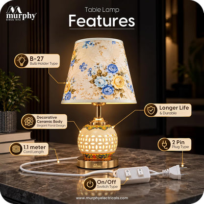 Murphy Flora 3-in-1 LED Table Lamp with Floral Fabric Shade | Decorative Ceramic Body | Elegant Gold Finish | B27 Bulb Included | 1 Year Warranty