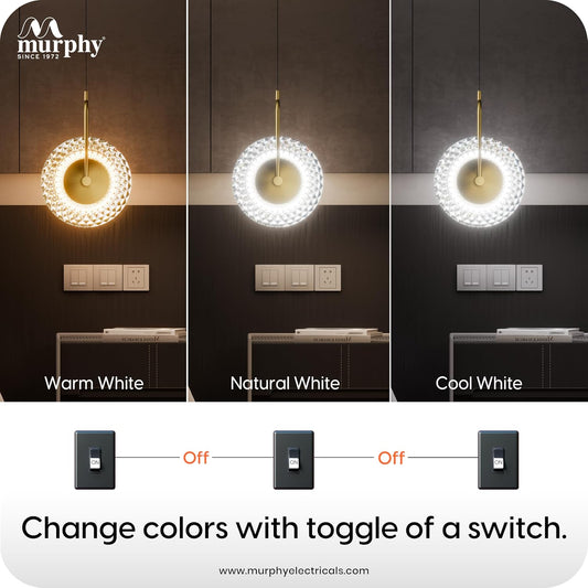 Murphy Crystal Aura 6W LED Pendant Light | 3-in-1 Color Changing (Cool Natural Warm White) | Diamond Glass Hanging Lamp | Adjustable Wire | Gold Finish
