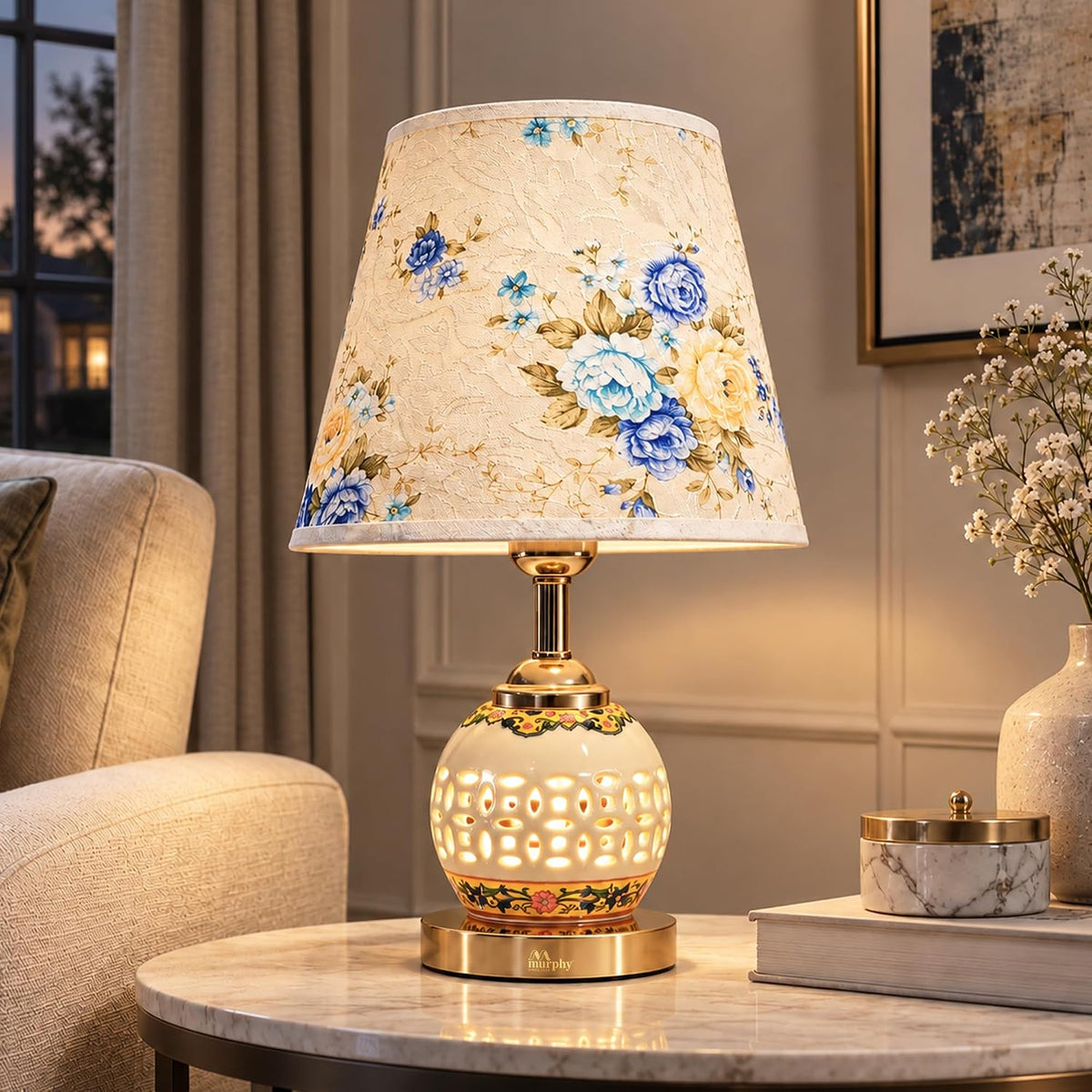 Murphy Flora 3-in-1 LED Table Lamp with Floral Fabric Shade | Decorative Ceramic Body | Elegant Gold Finish | B27 Bulb Included | 1 Year Warranty