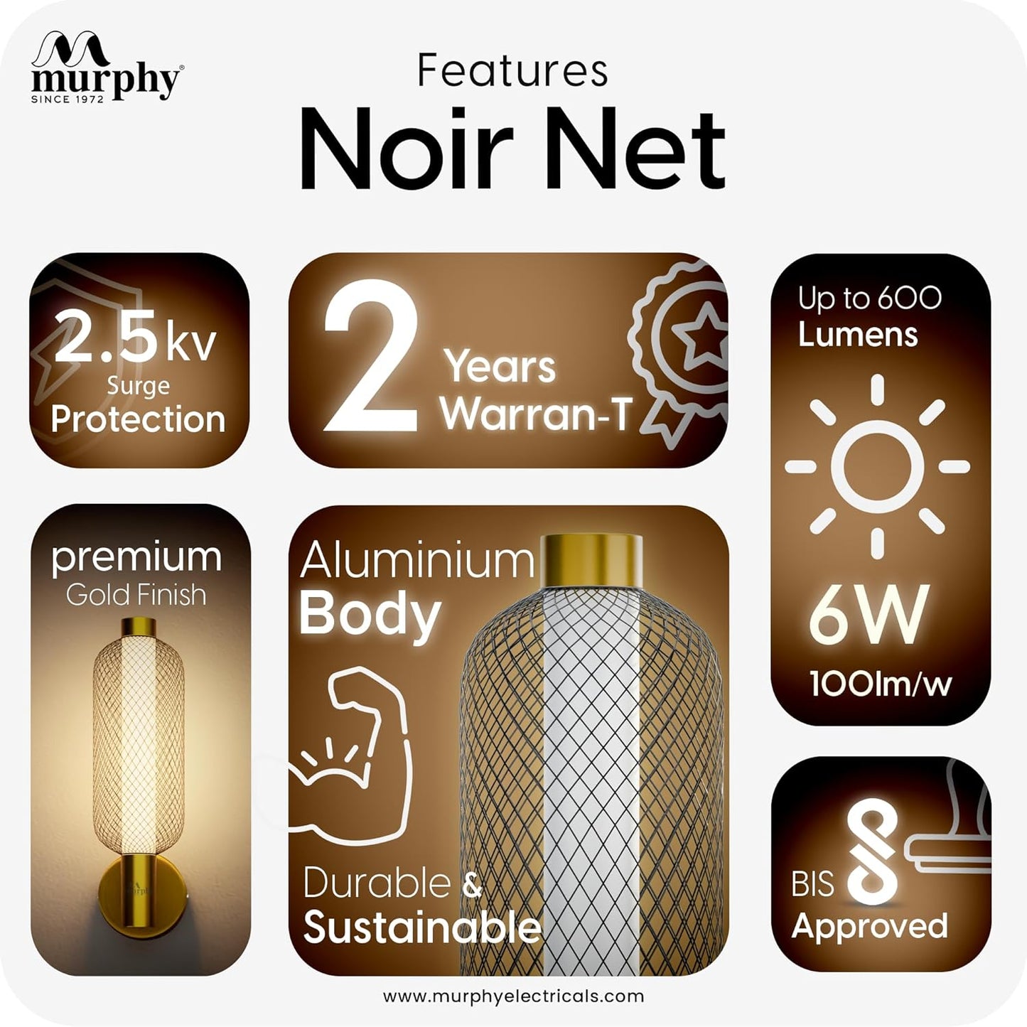 Murphy Noir Net Wall Lamp | 3-in-1 Color Changing LED (Cool White/Warm White/Natural White) with 2-Year Warranty | Premium Golden Finish Decorative Light