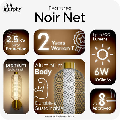 Murphy Noir Net Wall Lamp | 3-in-1 Color Changing LED (Cool White/Warm White/Natural White) with 2-Year Warranty | Premium Golden Finish Decorative Light