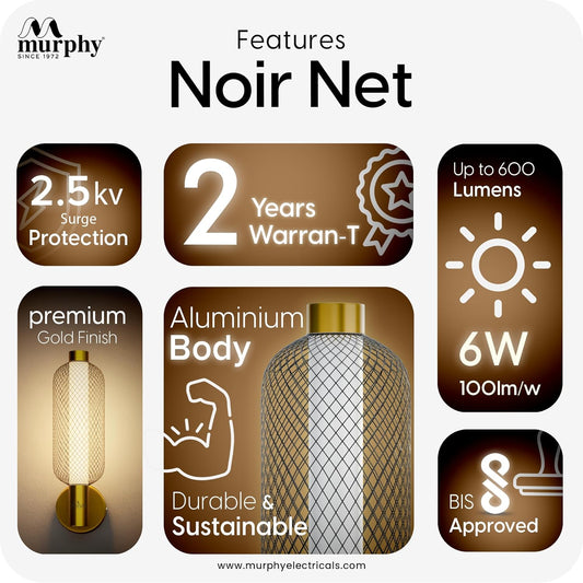 Murphy Noir Net Wall Lamp | 3-in-1 Color Changing LED (Cool White/Warm White/Natural White) with 2-Year Warranty | Premium Golden Finish Decorative Light