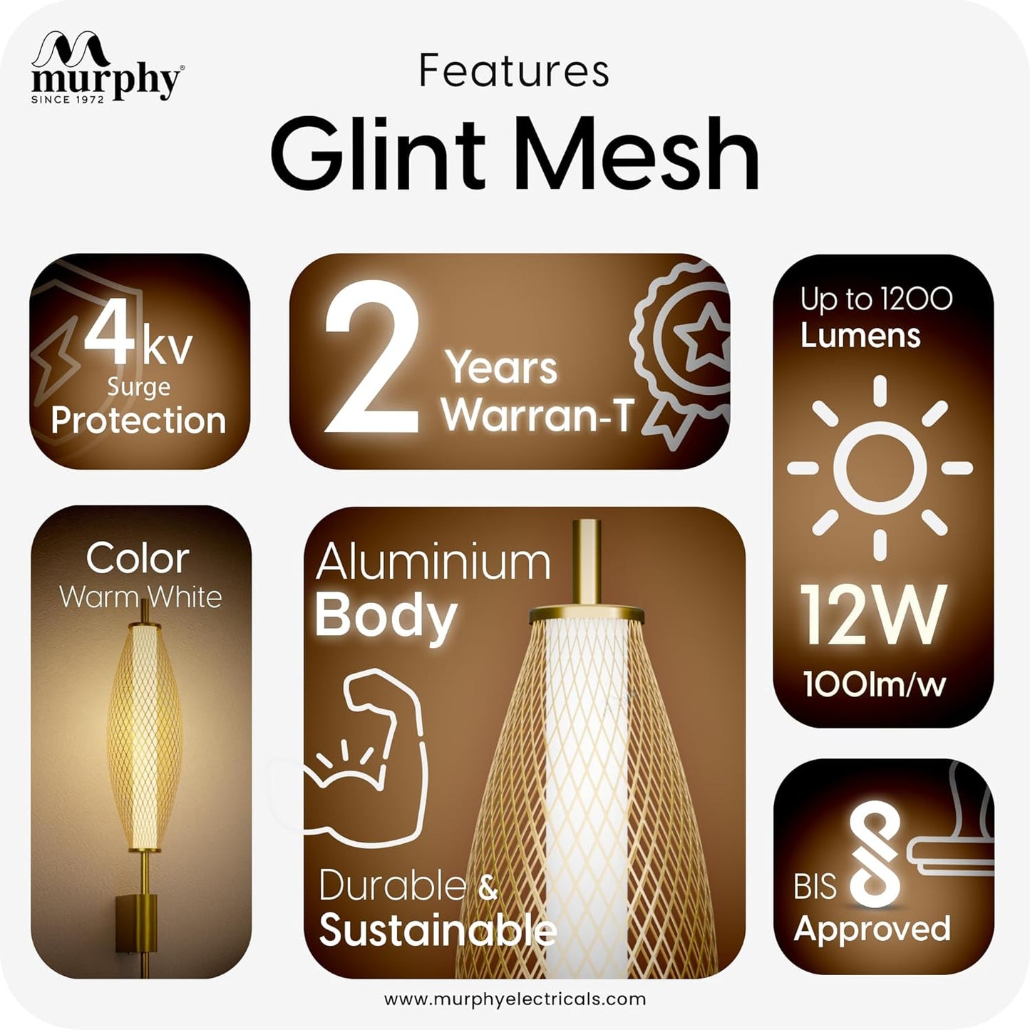 Murphy Glint Mesh 12W Wall Light |Aluminium Body |Golden Finish | 3-in-1 Color Changing LED (Cool White/Warm White/Natural White)