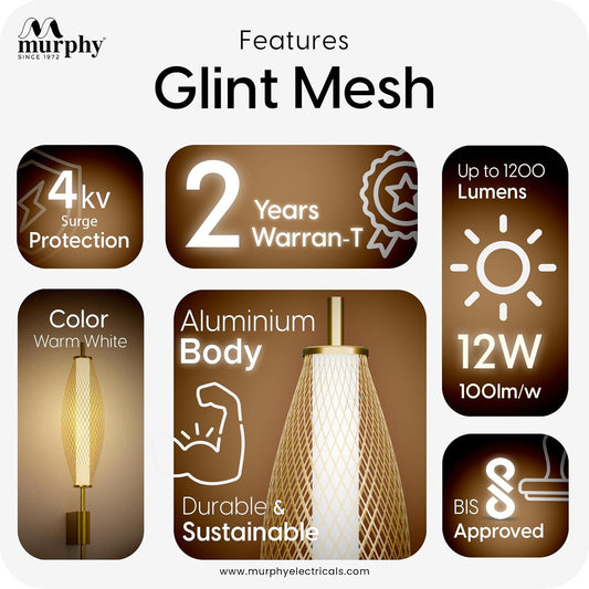 Murphy Glint Mesh 12W Wall Light |Aluminium Body |Golden Finish | 3-in-1 Color Changing LED (Cool White/Warm White/Natural White)