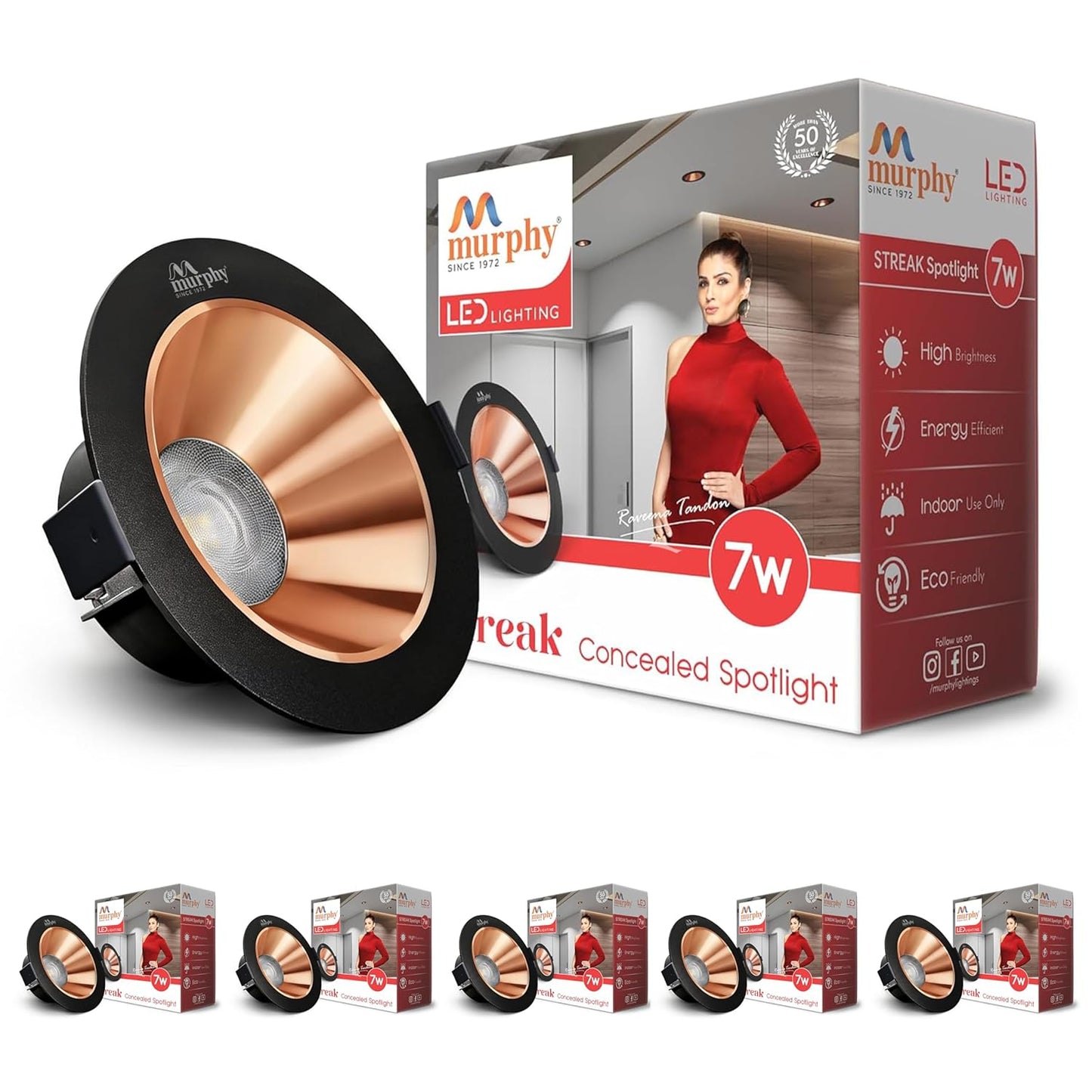 Murphy 7W Streak LED Down Light BL+Copper Finish, Natural White Light, Round,Recessed Ceiling LED Light, Suited for 3 inch Junction Box/Concealed Box (2 Years Warranty)