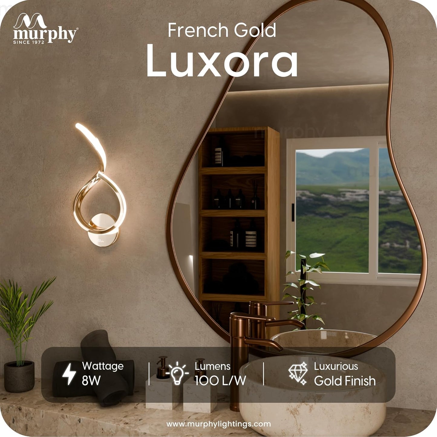 Murphy Luxora Elegant LED Wall Lamp for Home – 2 Years Warranty – Modern Aluminium Light with 3 Color Modes (French Gold, Pack of 1)