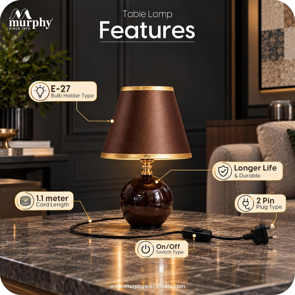Murphy Noctra 3-in-1 LED Table Lamp with Brown Fabric Shade & Gold Accents | E27 Bulb Included | 1 Year Warranty