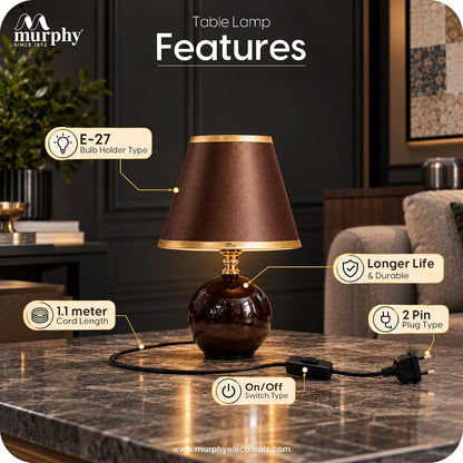 Murphy Noctra 3-in-1 LED Table Lamp with Brown Fabric Shade & Gold Accents | E27 Bulb Included | 1 Year Warranty