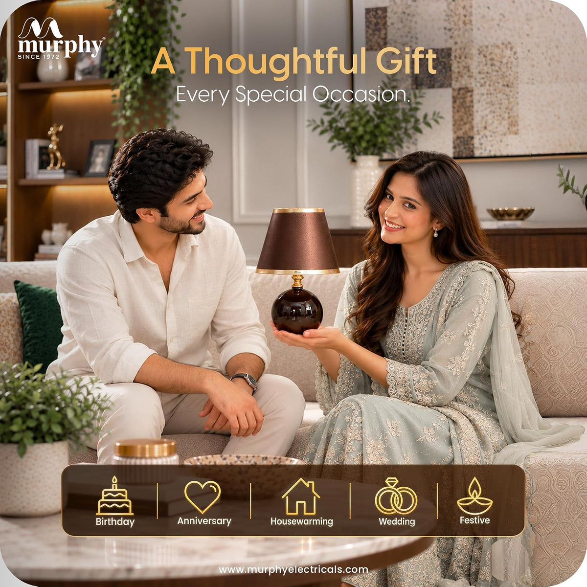 Murphy Noctra 3-in-1 LED Table Lamp with Brown Fabric Shade & Gold Accents | E27 Bulb Included | 1 Year Warranty