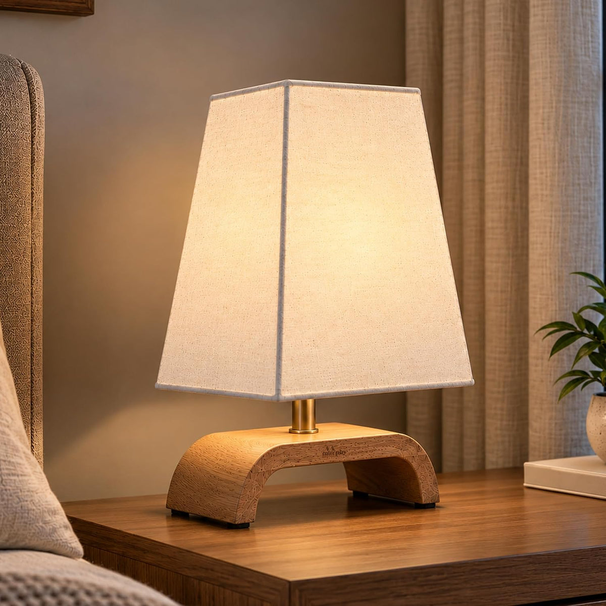 Murphy Jute Pyramid Table Lamp with Mango Wood Base & 3-in-1 LED Bulb | Cream Fabric Shade | Bedroom & Living Room