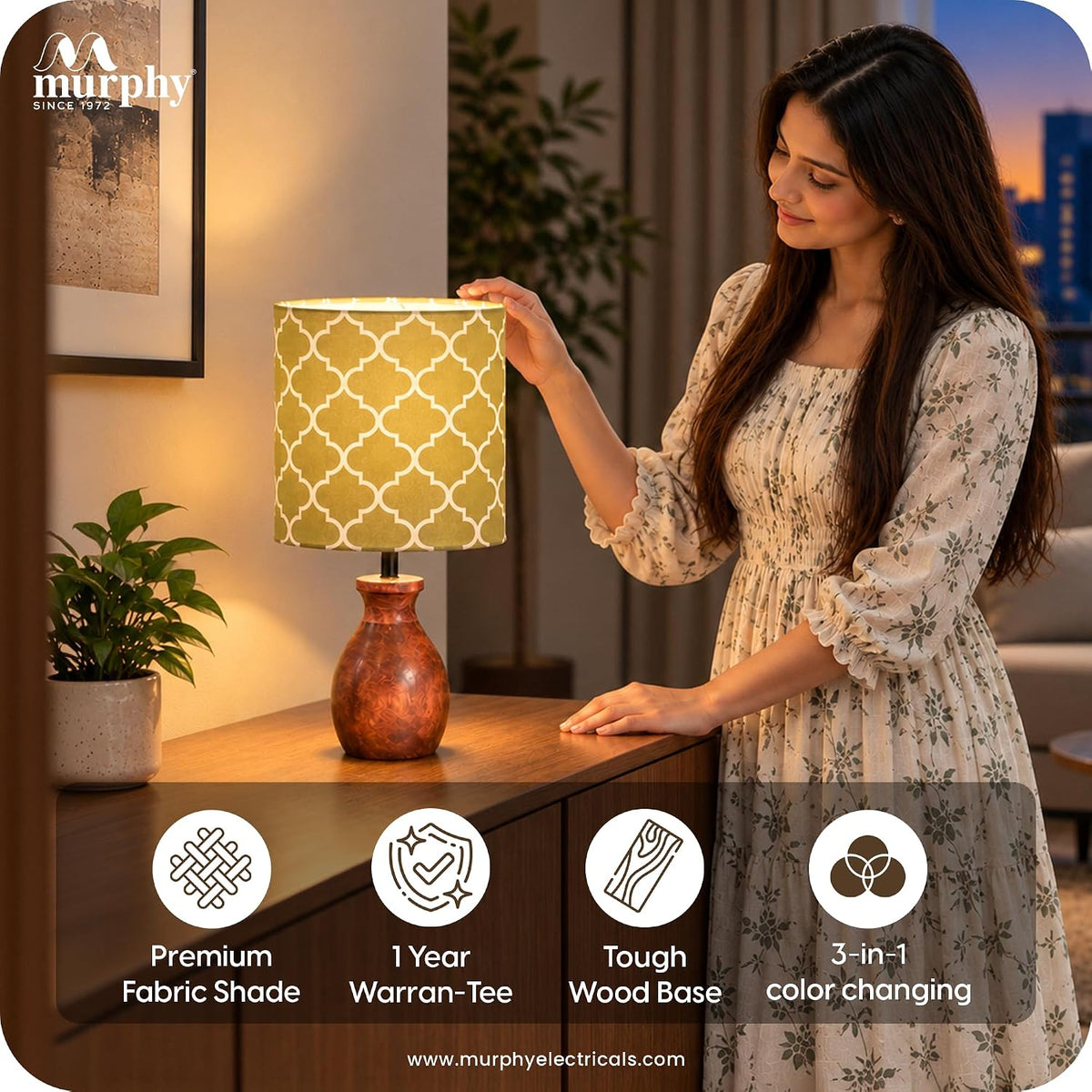 Murphy Moroccan Wooden Pot Table Lamp with 3-in-1 LED Bulb | Printed Fabric Shade | Bedroom & Living Room